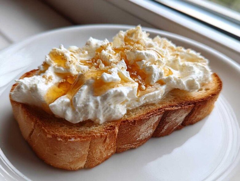 A thick slice of toasted bread topped generously with fluffy ricotta cheese, drizzled with honey and sprinkled with sugar for a perfect ricotta toast.