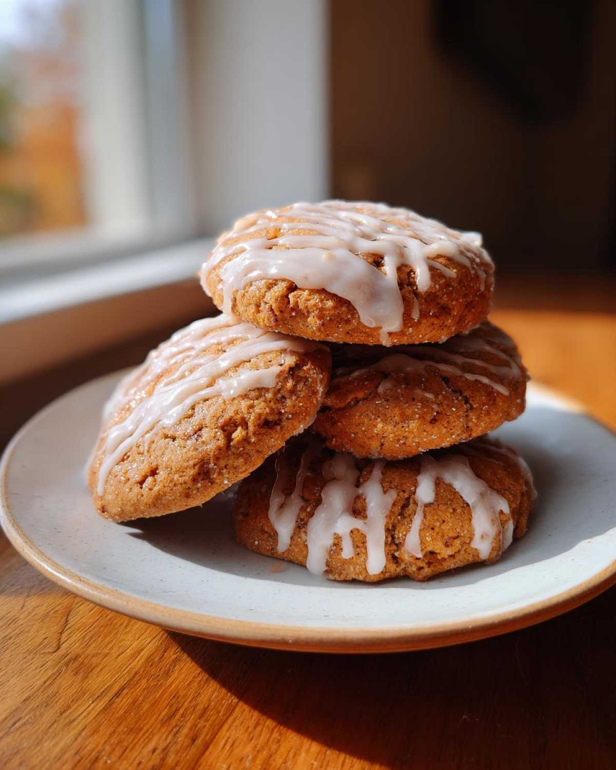 Four soft, spiced persimmon cookies stacked on a light plate, drizzled with white icing.