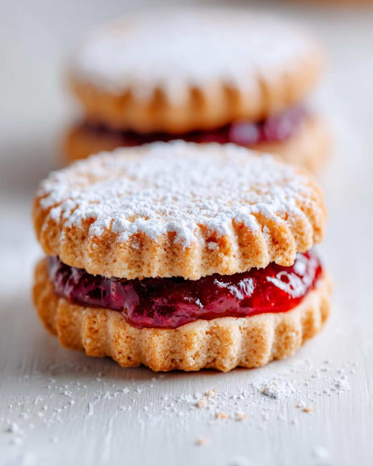 A close-up shot of a freshly made linzer cookies sandwich filled with bright red jam and dusted with powdered sugar.