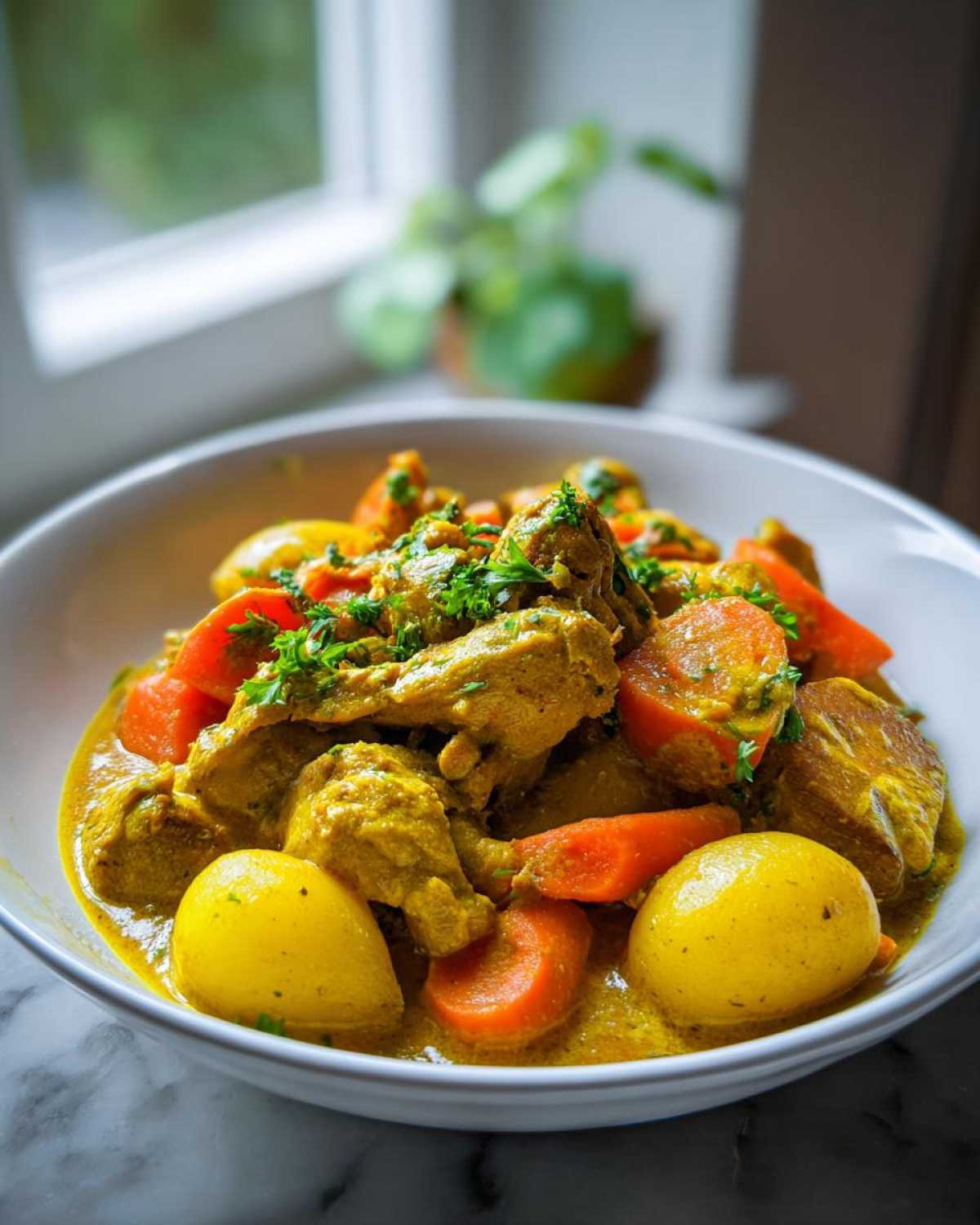 Close-up of flavorful Jamaican curry chicken served in a white bowl with carrots and yellow potatoes, garnished with parsley.