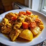 Close-up of rich, yellow Jamaican curry chicken pieces served with chunks of potato and bright orange carrots in a white bowl.