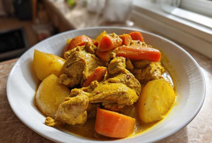 A white bowl filled with vibrant yellow Jamaican curry chicken, potatoes, and carrots, ready to eat.