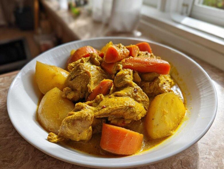 A white bowl filled with vibrant yellow Jamaican curry chicken, potatoes, and carrots, ready to eat.