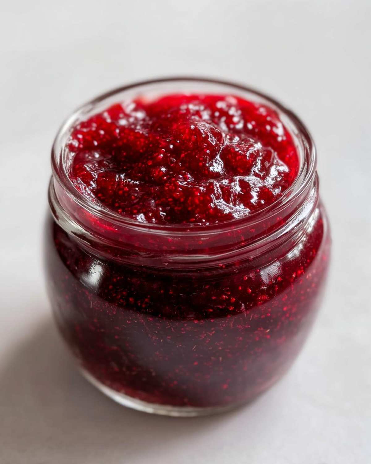 Close-up of a glass jar filled with vibrant, glistening homemade raspberry jam.