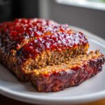 Close-up of a perfectly baked meatloaf topped with a thick, shiny red glaze, with one slice partially cut.