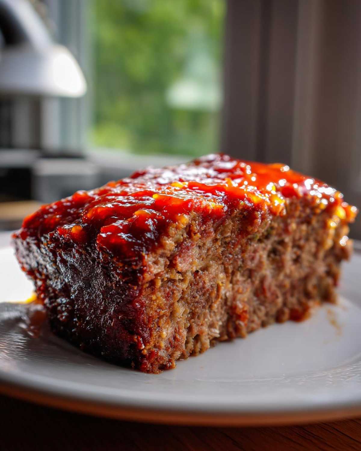 A thick, juicy slice of homemade meatloaf topped with a vibrant red glaze, served on a white plate.