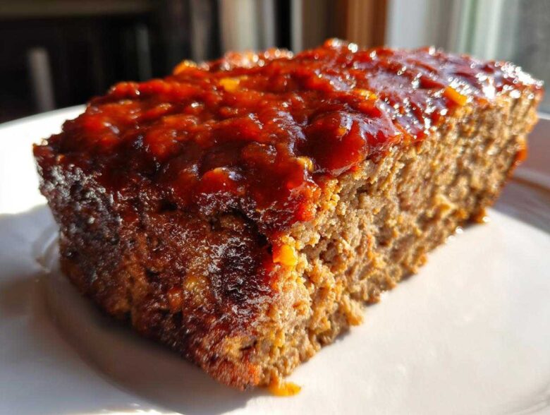 A thick slice of moist meatloaf topped with a shiny, reddish-brown glaze, sitting on a white plate.