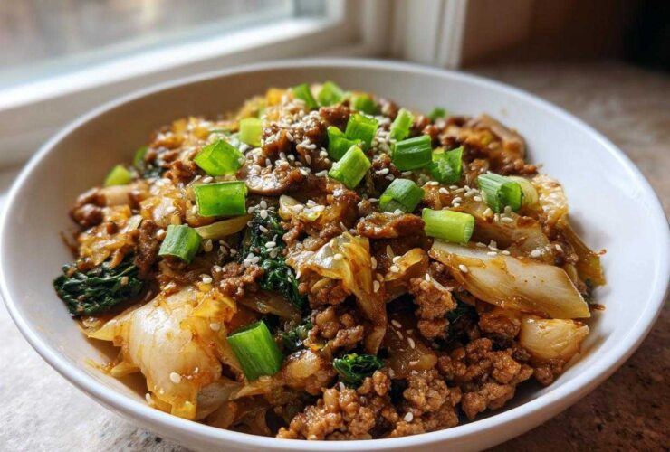 A close-up of a white bowl filled with keto egg roll in a bowl, topped with green onions and sesame seeds.