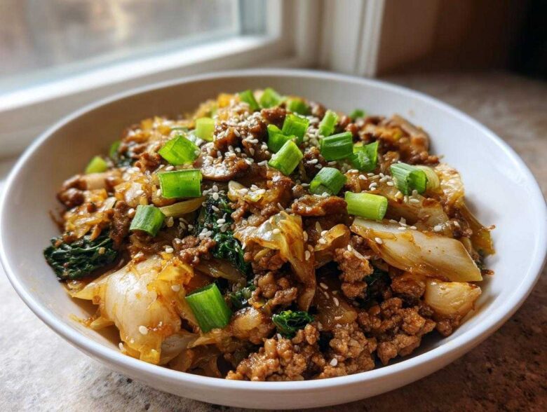 A close-up of a white bowl filled with keto egg roll in a bowl, topped with green onions and sesame seeds.