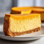 A thick slice of rich, creamy keto pumpkin cheesecake with a graham cracker crust, sitting on a white plate.