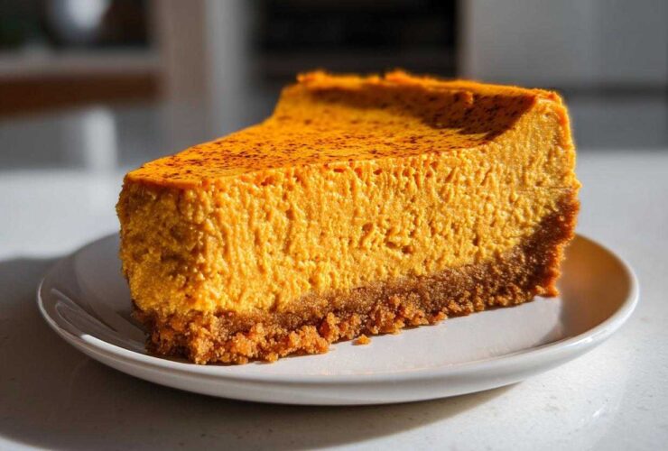 A rich, vibrant orange slice of keto pumpkin cheesecake with a thick graham cracker-style crust, served on a white plate.