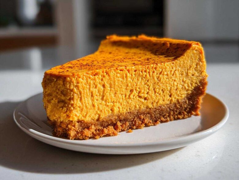 A rich, vibrant orange slice of keto pumpkin cheesecake with a thick graham cracker-style crust, served on a white plate.