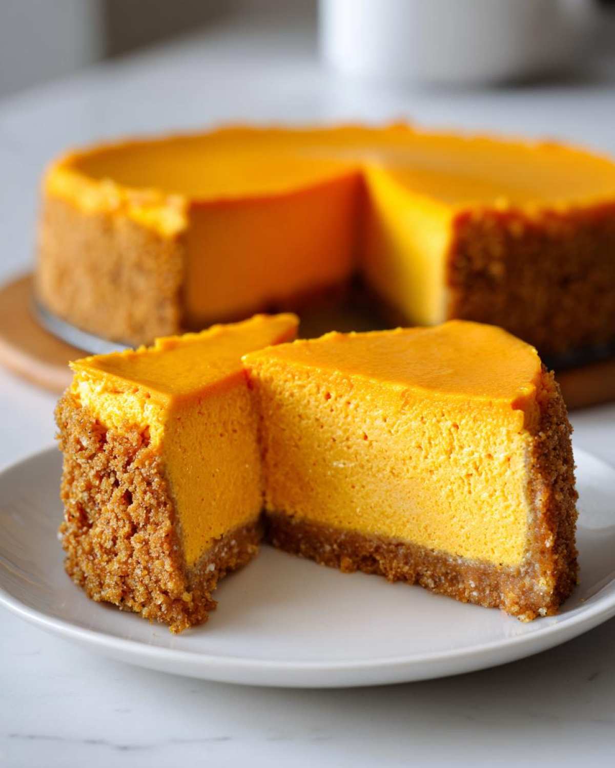Two slices of vibrant orange keto pumpkin cheesecake with a thick crust served on a white plate.