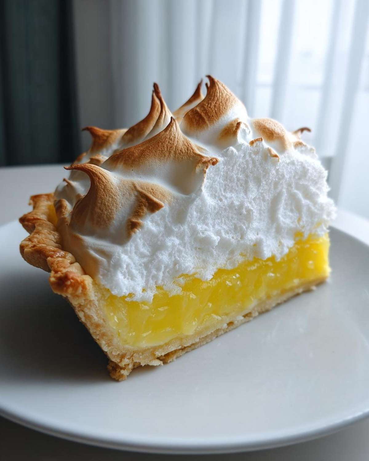 A cross-section slice of lemon meringue pie showing bright yellow curd, flaky crust, and tall, torched meringue peaks.