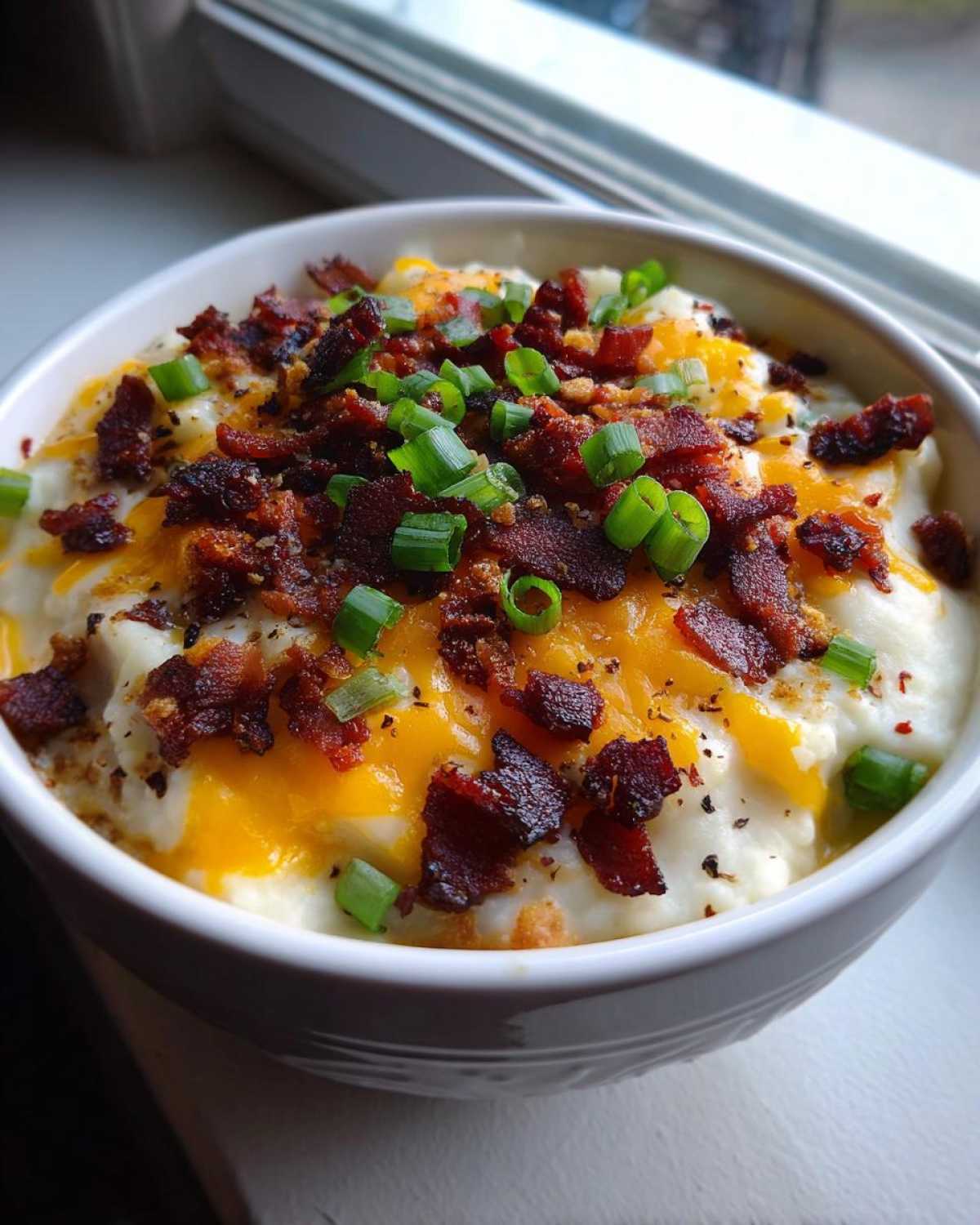 A close-up of a bowl of creamy loaded baked potato soup topped with melted cheddar, crispy bacon bits, and fresh green onions.
