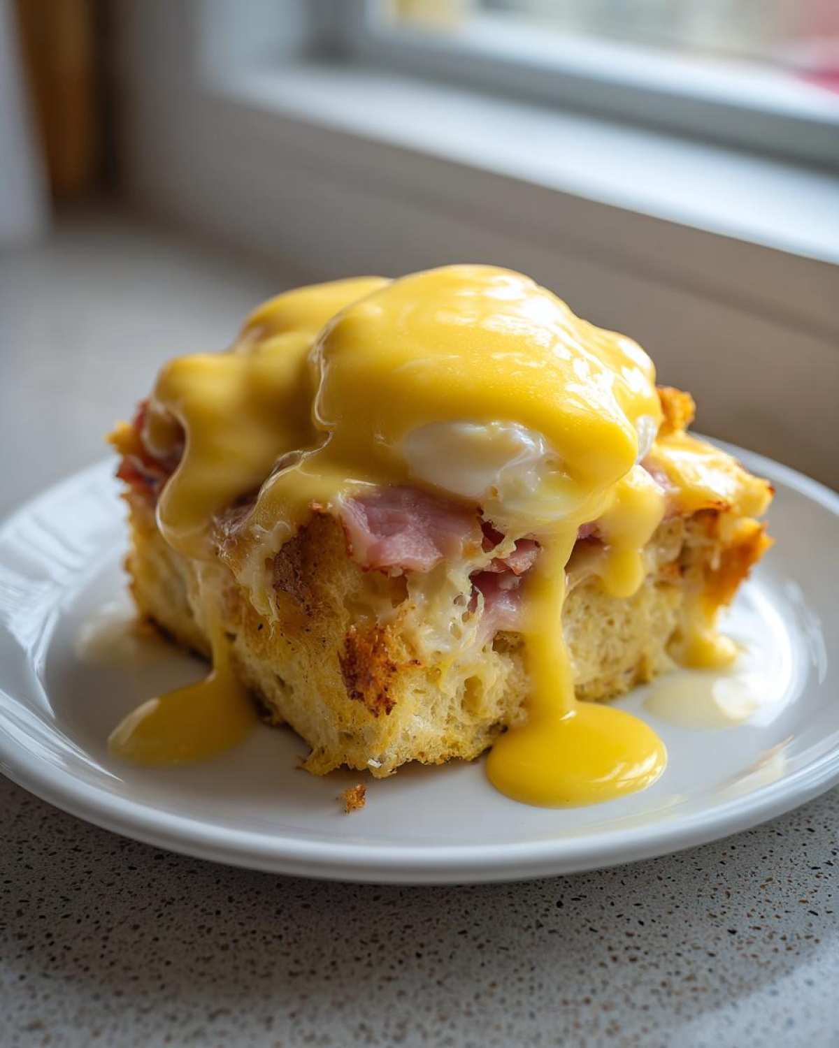 A square serving of eggs benedict casserole topped with poached eggs and rich hollandaise sauce.