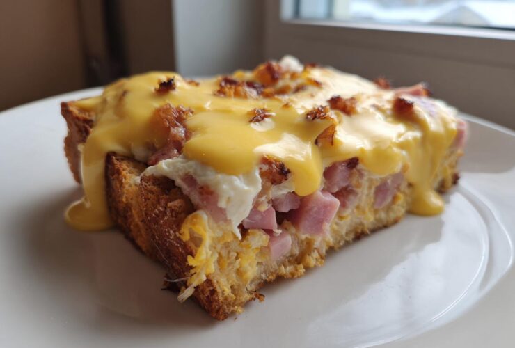 A single serving slice of make-ahead eggs benedict casserole topped generously with bright yellow hollandaise sauce and bacon bits.