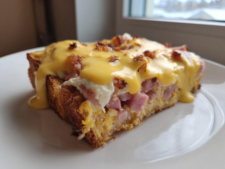 A single serving slice of make-ahead eggs benedict casserole topped generously with bright yellow hollandaise sauce and bacon bits.