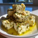 Close-up of stacked cubes of marinated cheese coated in herbs, spices, and garlic cloves, sitting in olive oil.