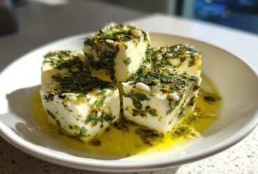 Four cubes of creamy marinated cheese generously coated in green herbs and submerged in golden olive oil.