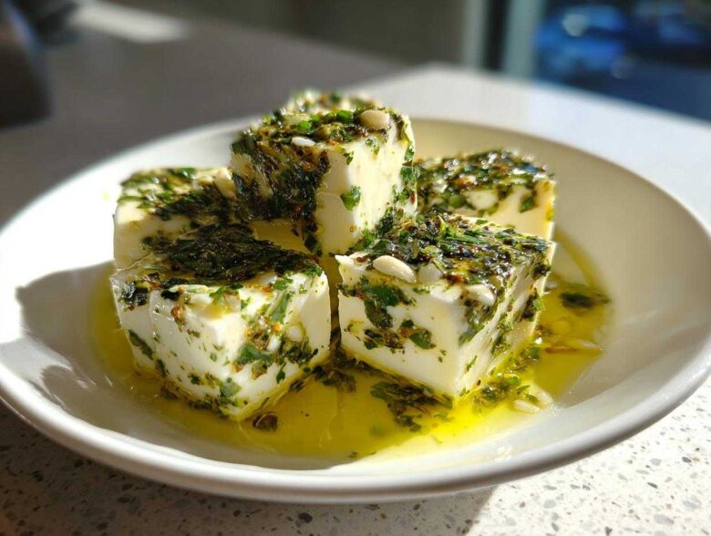 Four cubes of creamy marinated cheese generously coated in green herbs and submerged in golden olive oil.