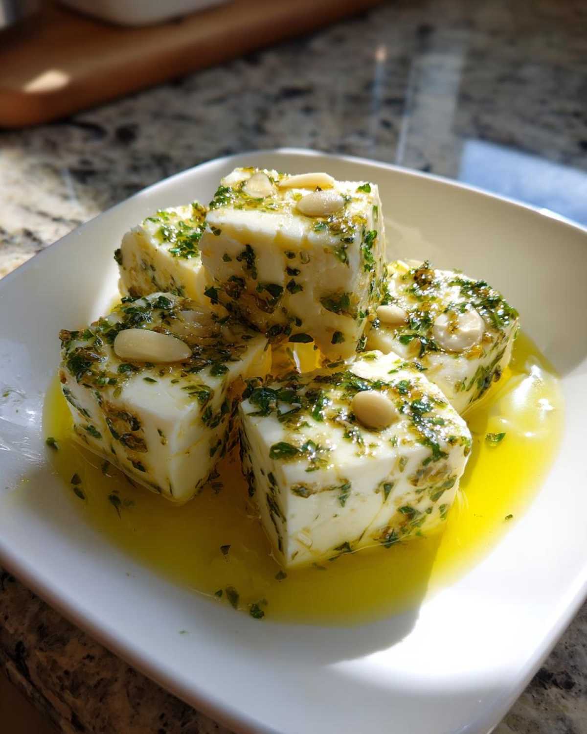 Close-up of four cubes of marinated cheese coated in herbs and olive oil, topped with pine nuts.