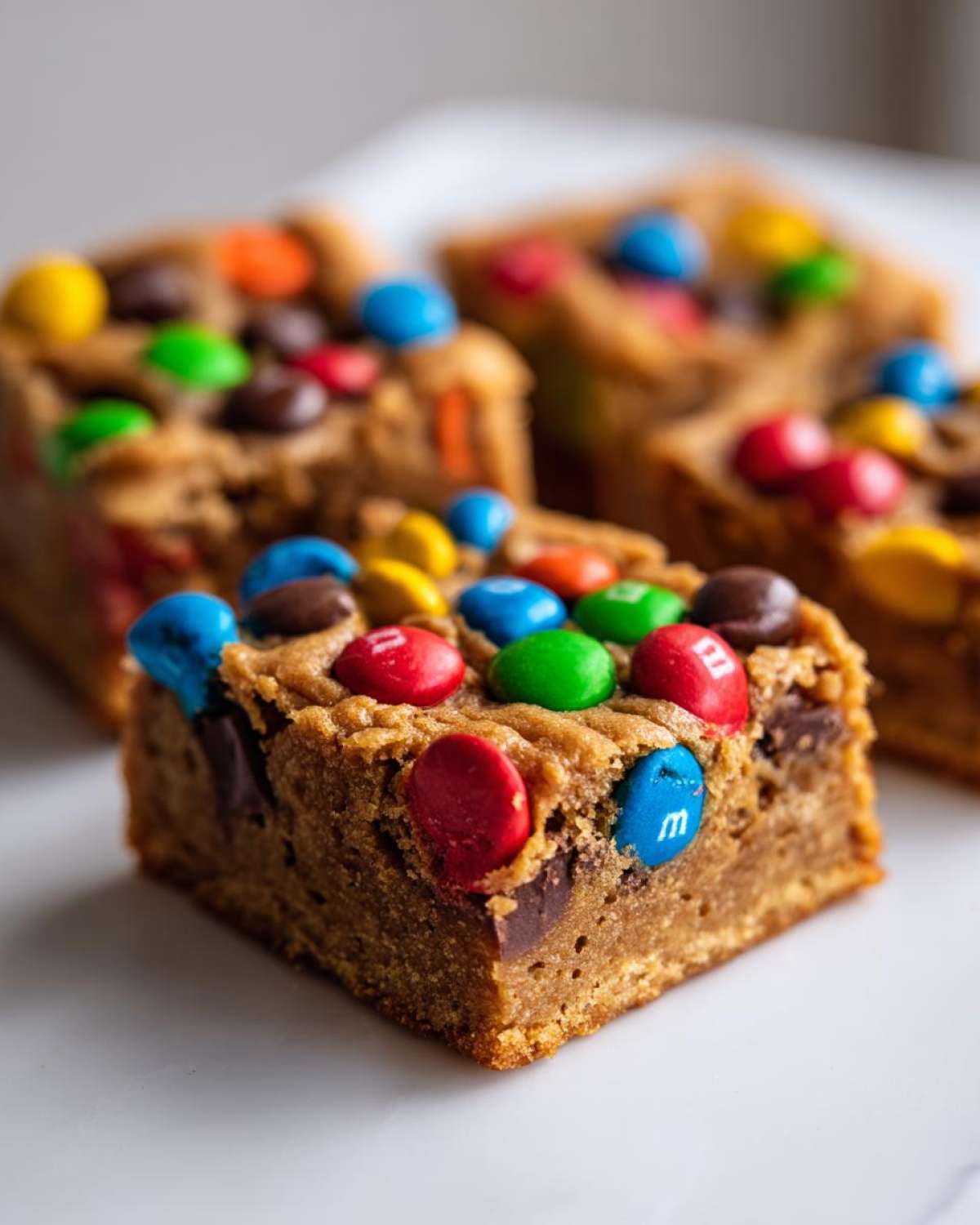 A close-up of a thick, chewy square of christmas cookie bars topped with colorful M&M candies.