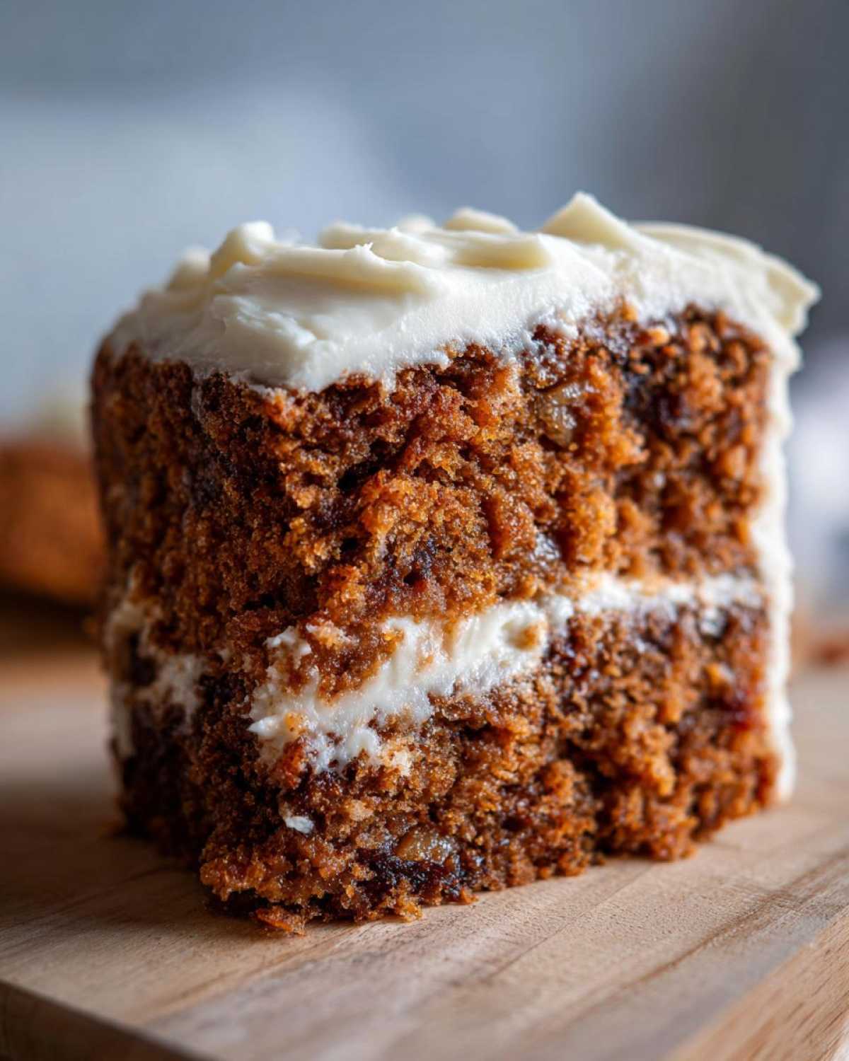Close-up of a moist slice of applesauce cake layered with white frosting, sitting on a wooden board.