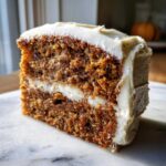 Close-up of a thick slice of moist applesauce cake layered with cream cheese frosting.