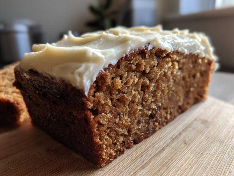 Close-up of a moist slice of brown applesauce cake topped with thick, creamy frosting.