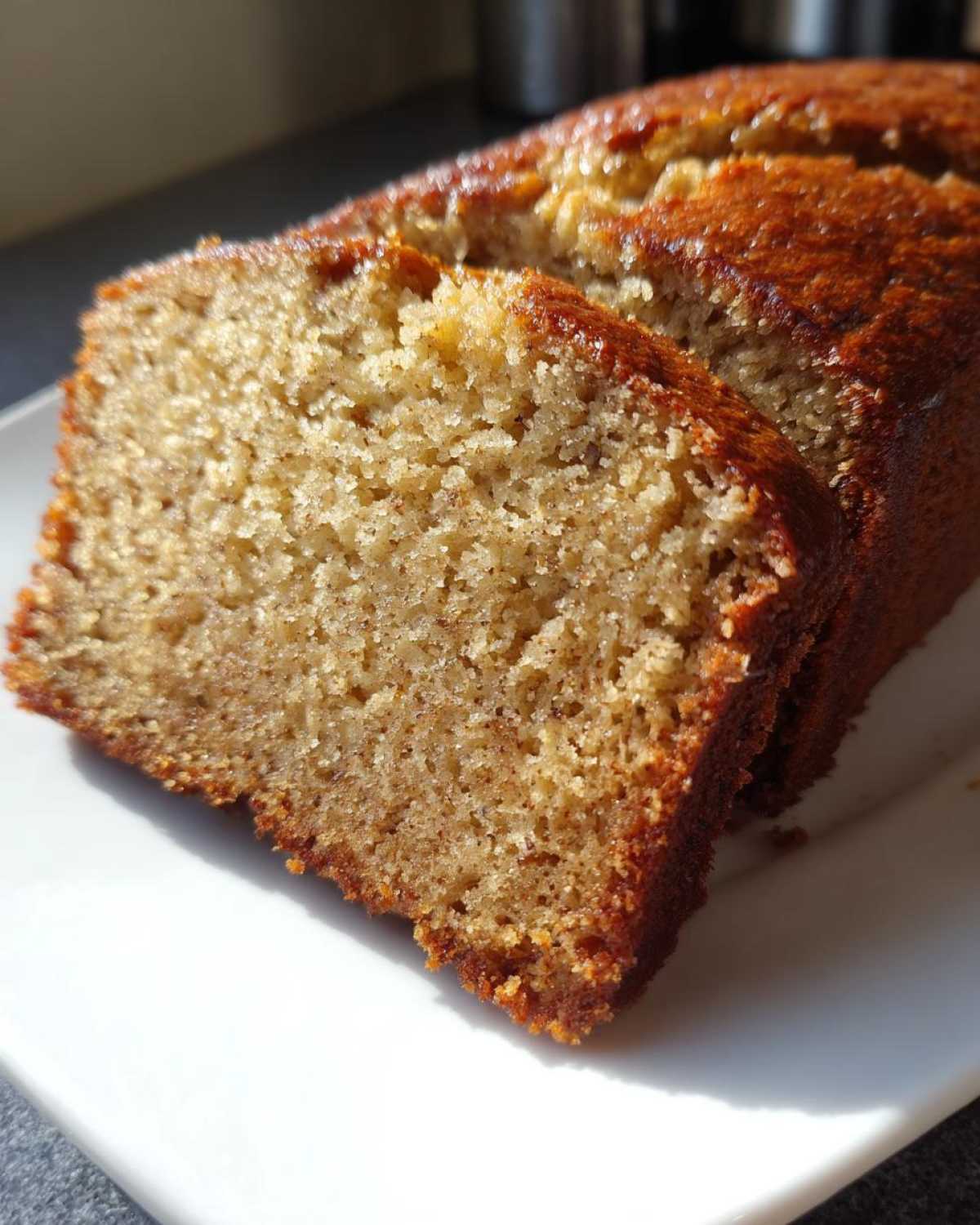 Close-up of moist banana bread, showing the crumb texture and golden-brown crust.