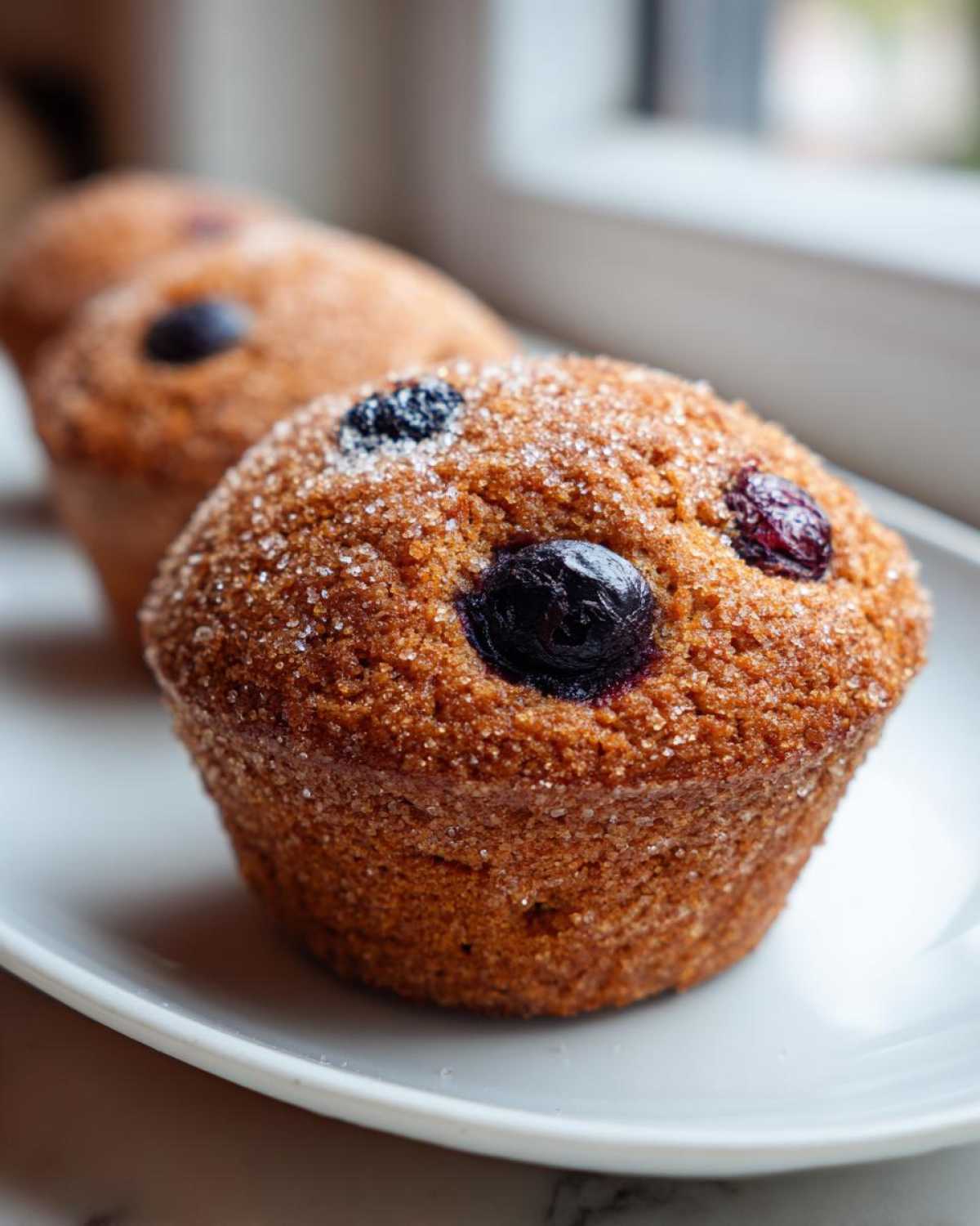 Close-up of a moist blueberry protein muffin topped with coarse sugar crystals, sitting on a light plate.