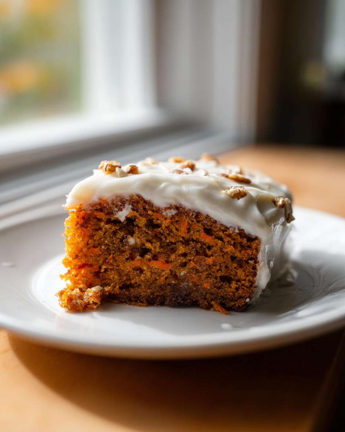 Close-up of a moist slice of carrot cake recipe topped with thick cream cheese frosting and chopped pecans.