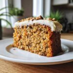 A close-up of a moist slice of carrot cake recipe topped with thick cream cheese frosting and chopped pecans.