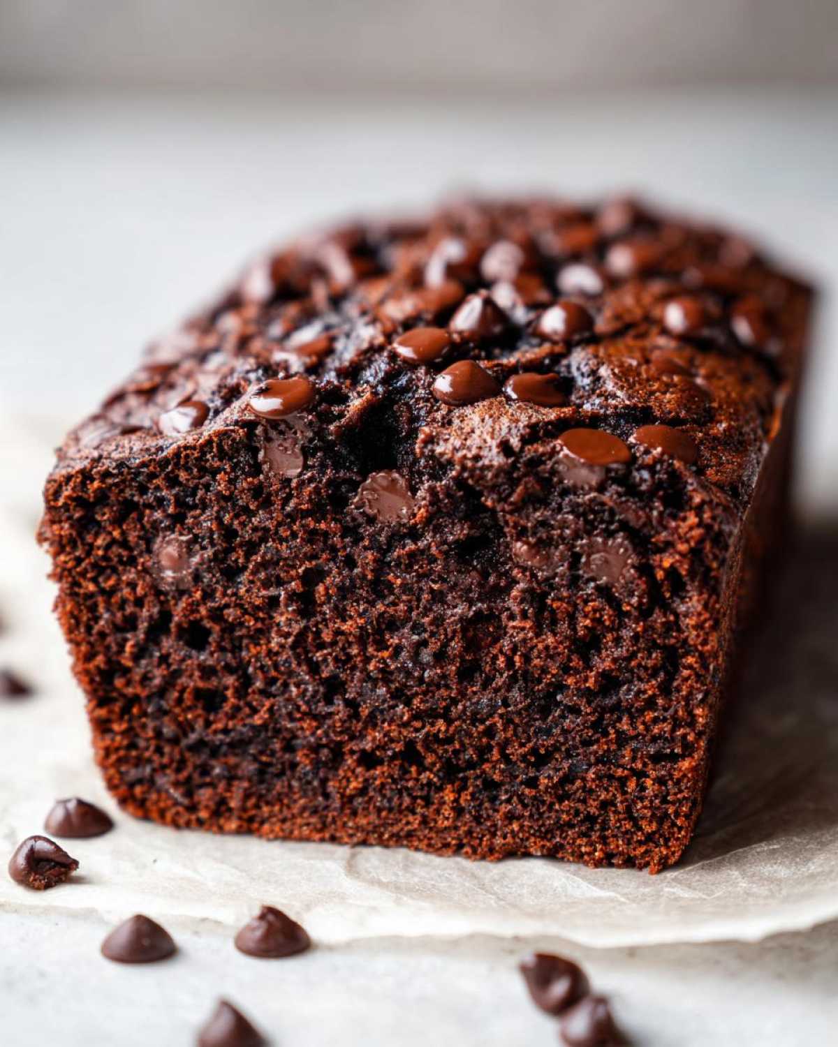 Close-up of a moist, dark chocolate banana bread loaf topped with melted chocolate chips.