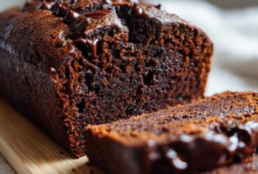 Close-up of a moist chocolate banana bread loaf, topped with melted chocolate chips, with one slice cut.
