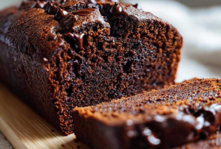 Close-up of a moist chocolate banana bread loaf, topped with melted chocolate chips, with one slice cut.