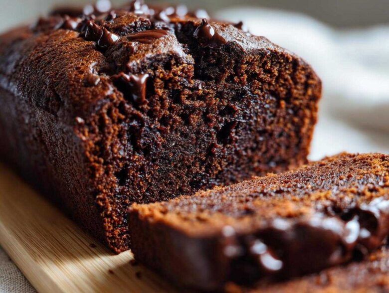Close-up of a moist chocolate banana bread loaf, topped with melted chocolate chips, with one slice cut.