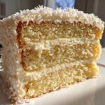Close-up of a moist slice of layered coconut cake recipe covered in white frosting and shredded coconut flakes.