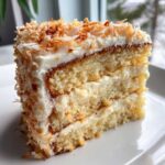 Close-up of a moist slice of coconut cake recipe layered with white frosting and topped with toasted coconut flakes.