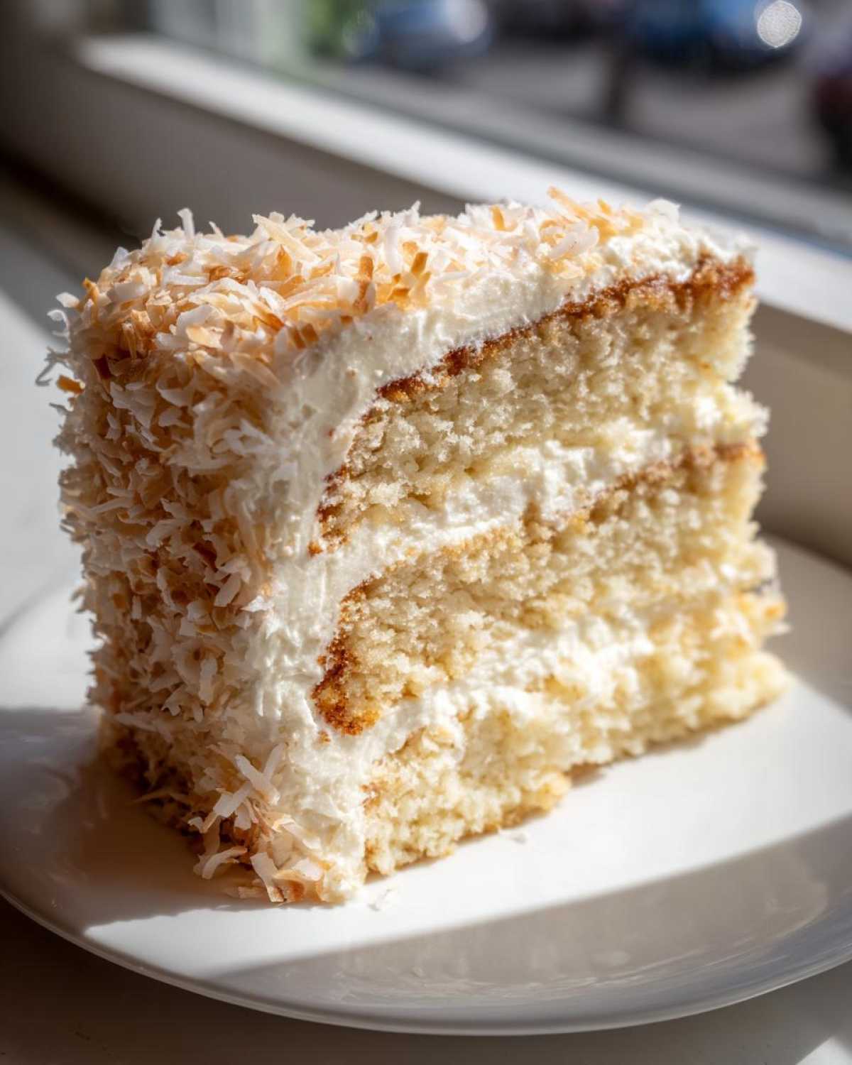 Close-up of a moist slice of coconut cake recipe, layered with frosting and covered in toasted coconut flakes.
