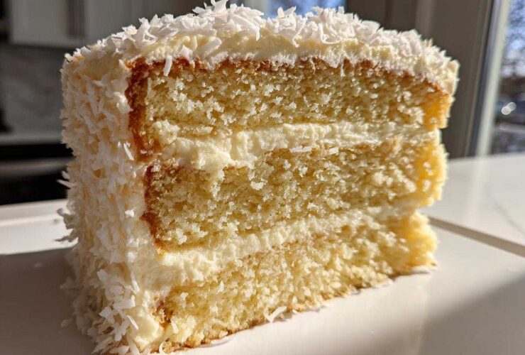 Close-up of a moist slice of layered coconut cake recipe covered in white frosting and shredded coconut flakes.