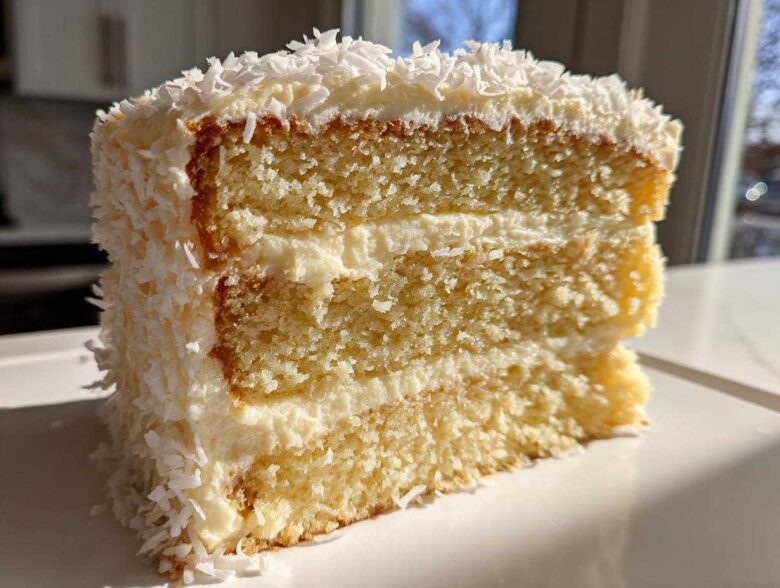 Close-up of a moist slice of layered coconut cake recipe covered in white frosting and shredded coconut flakes.