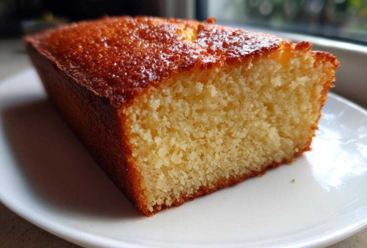 Close-up of a moist slice of golden brown condensed milk cake on a white plate.