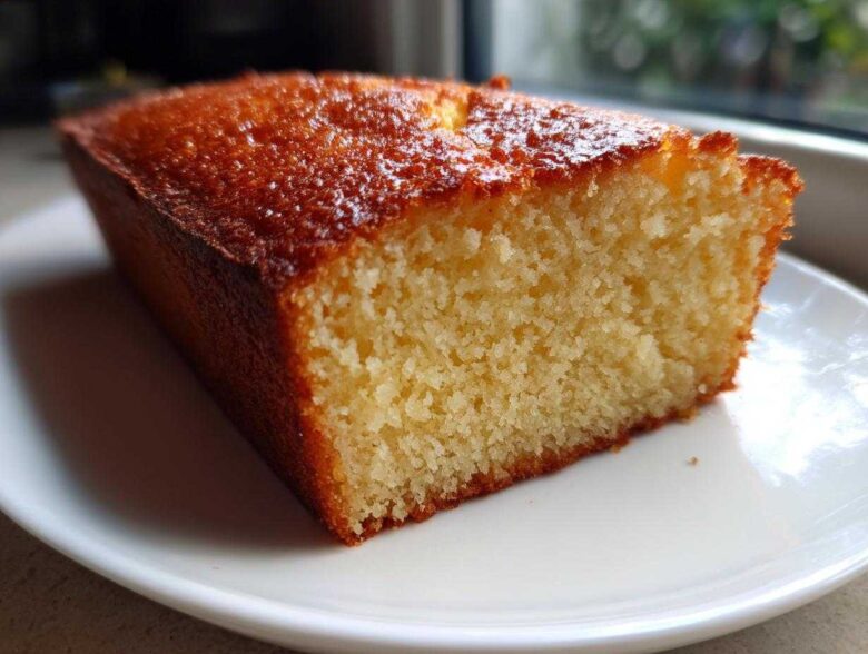 Close-up of a moist slice of golden brown condensed milk cake on a white plate.