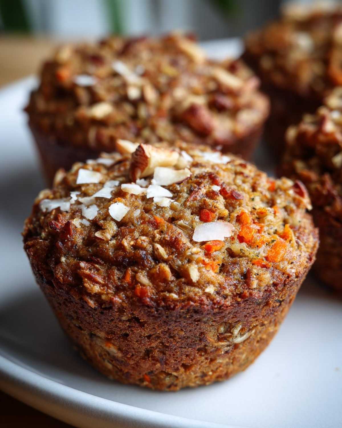 A close-up of a freshly baked, moist morning glory muffin topped with shredded coconut and chopped nuts.