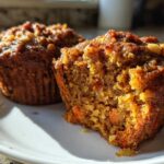 Close-up of a moist morning glory muffin broken in half, showing shredded carrots and nuts inside.