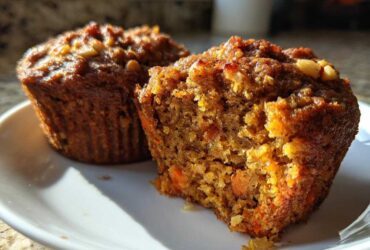 Close-up of a moist morning glory muffin broken in half, showing shredded carrots and nuts inside.