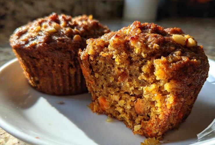 Close-up of a moist morning glory muffin broken in half, showing shredded carrots and nuts inside.