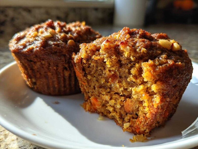 Close-up of a moist morning glory muffin broken in half, showing shredded carrots and nuts inside.